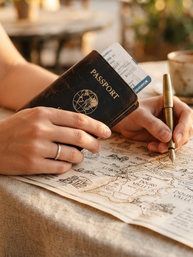 Warm editorial travel photography, close-up of a traveler's hand holding a leather passport holder and a fountain pen over a hand-drawn map on a linen table, soft golden-hour light, 35mm