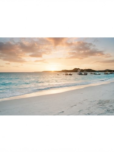 Wide panoramic view of Jericoacoara beach at golden hour, crystal clear turquoise water, white sand, and a few traditional fishing boats in the distance, soft light, low horizon.