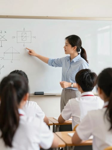 A professional teacher guiding high school students in a bright classroom, pointing to a whiteboard with diagrams, natural daylight, warm inviting tones