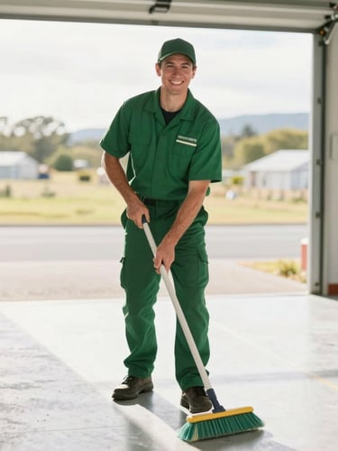 A smiling crew member in a neat forest green uniform sweeping a clean garage floor, warm natural South Georgia sunlight pouring through the door, 35mm lens