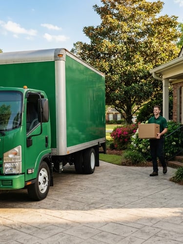 A clean, branded green moving truck parked on a sunny paved driveway in South Georgia, warm afternoon sunlight, crisp focus, professional crew member in a neat uniform smiling in the background