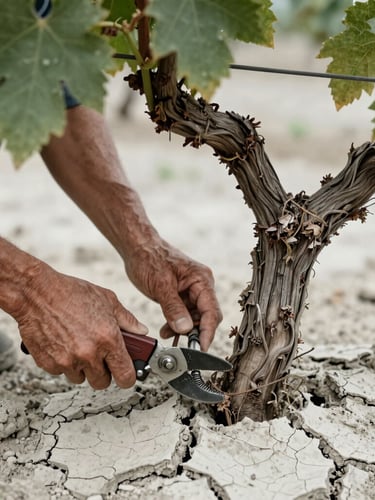 Close-up of calloused hands pruning a single ancient vine, raw cracked white clay-limestone soil in the background, moody overcast lighting.