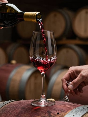 Close-up of wine slowly trickling into a glass thief during a barrel tasting, dark cellar background, dramatic side-light.