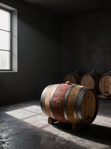 Wide panoramic view of a dark, minimalist wine cellar with a single oak cask illuminated by a shaft of natural light from a high window, deep shadows, moody atmosphere.