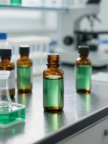 Bright clinical laboratory with green herbal extracts, sharp focus, 35mm, amber glass bottles on sterile stainless steel counter
