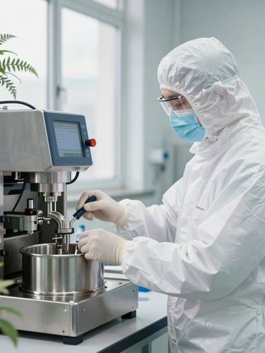 Technician in clean white PPE monitoring a stainless steel extraction machine, bright daylight, green herbal accents, 35mm