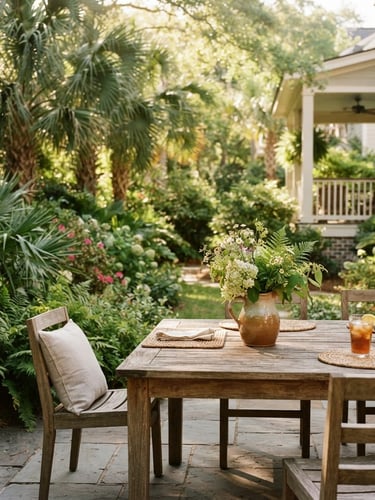 A bright, sun-drenched Mount Pleasant backyard patio surrounded by lush green palmettos and warm coastal light, clean and inviting, shallow depth of field.