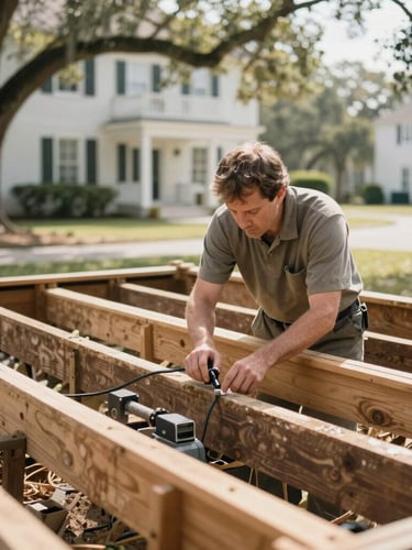 A certified technician inspecting a clean crawlspace of a classic Charleston home, warm daylight, natural lowcountry tones, shallow depth of field, 35mm