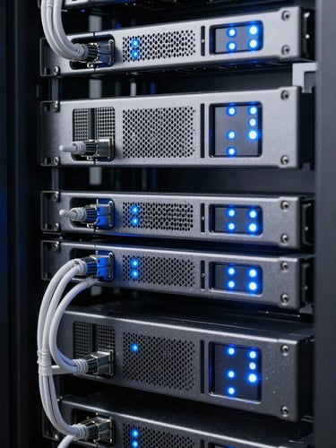 Macro shot of organized server racks with blue LED status lights, clean cabling, dust-free environment, high technical precision, cool studio lighting