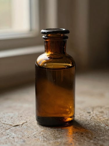 Macro close-up of a dark amber glass apothecary jar on a textured stone surface, warm side-lit window light, soft shadows