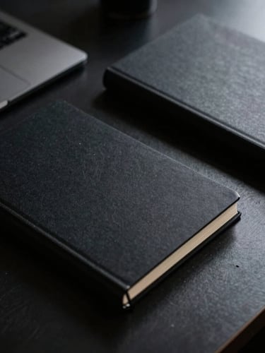 Low-key dramatic photo of a minimalist workspace, black structured notebooks, sharp architectural lines, high-contrast side lighting, 35mm
