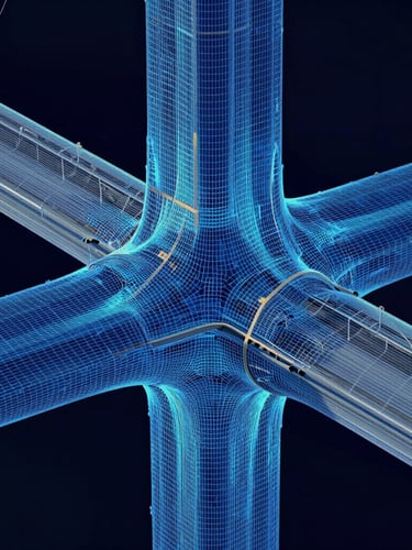Wide high-resolution technical data visualization of a structural stress analysis simulation, rendered in cool blue and dark slate tones, showing finite element mesh patterns across a physical bridge joint with crisp mathematical vectors.