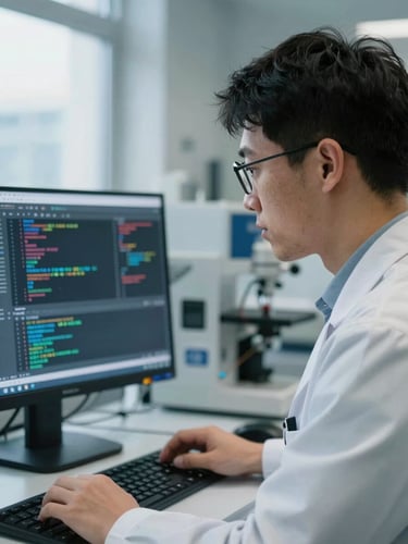 A close-up portrait of an academic researcher working in a cool-toned laboratory, focus on a computer screen displaying complex code and data visualizations, soft natural window light