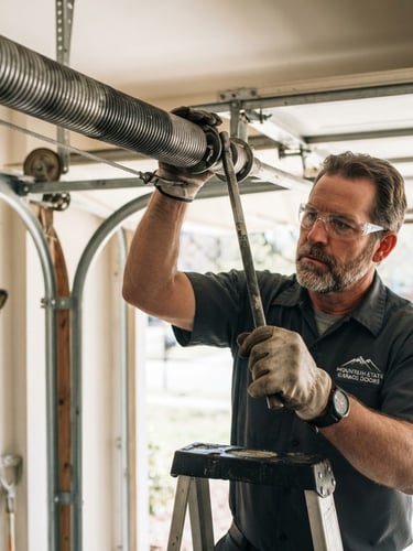 Close-up of a professional technician in a clean uniform carefully replacing a heavy-duty torsion spring on a residential garage door, bright natural daylight, crisp shadows, Swannanoa, NC.