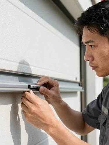 Close-up portrait of a professional GDQ technician in a clean uniform, inspecting a garage door track with a focused expression, natural outdoor daylight, crisp high-contrast shadows, sharp focus, 35mm lens