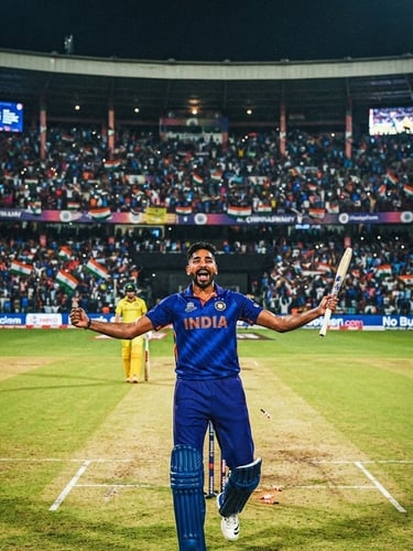Wide-angle shot of a packed cricket stadium under dramatic floodlights at night, a player in the foreground celebrating a wicket, rich saturated colors.