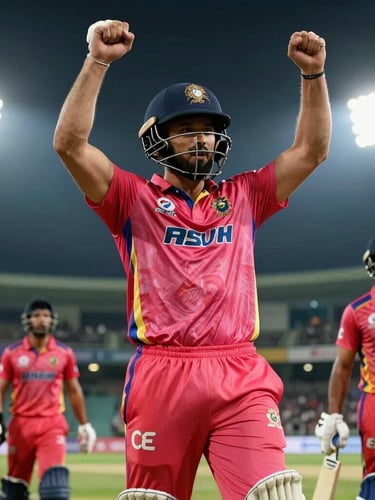 Close-up, low-angle action shot of the defending champion cricket team celebrating a wicket under intense stadium floodlights, dynamic composition, rich saturated colors, telephoto lens
