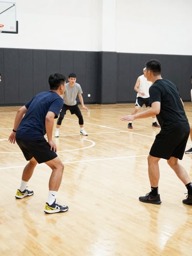 A warm high-key indoor basketball court with a coach mentoring a diverse group of adults during a fitness drill, sharp focus, 35mm lens