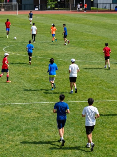 Wide angle of a vibrant outdoor community sports event, multi-generational families jogging and soccer matches underway on green fields, bright natural daylight, 35mm lens