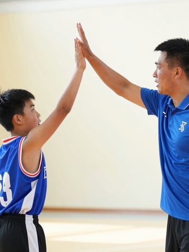 Action shot of local youth basketball game, a coach in a blue jersey high-fiving a young player on a bright indoor court, warm high-key lighting, 35mm lens