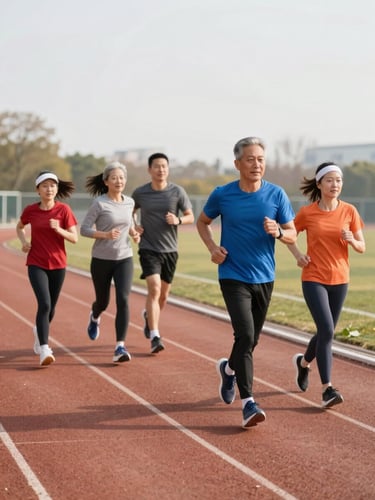 A multi-generational family jogging together on a bright outdoor track, warm morning daylight, energetic action shot, 35mm lens