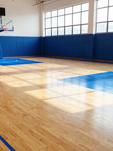 Bright high-key indoor basketball court with polished hardwood floors, royal blue court lines, modern hoops, sunlight streaming through high windows, sharp focus.
