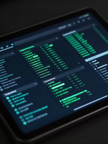 Macro photography of an elegant dark-mode logistics dashboard on a tablet, glowing cyber green data nodes, moody low-light ambient background.