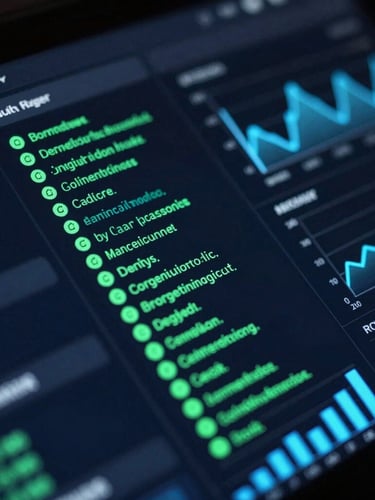 Macro close-up of a high-fidelity dark-mode UI dashboard with glowing cyber green data nodes and electric blue charts, angled perspective, high-contrast tech aesthetic