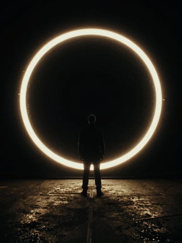 Atmospheric cinematic poster of a dark sci-fi thriller, a lone figure standing before a massive glowing ring, deep shadows, gold highlights, anamorphic lens, 35mm film grain.