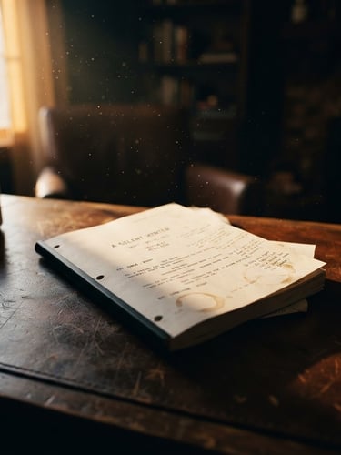 Dramatic cinematic portrait of a physical screenplay script resting on a dark walnut table, soft golden window light from the left, dust motes in the air, anamorphic lens, 35mm film grain, moody shadows