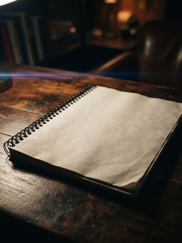 A close-up of a physical film script resting on a dark walnut desk, dramatic low-key lighting casting deep shadows across the title page, anamorphic lens flare, premium cinematic atmosphere.