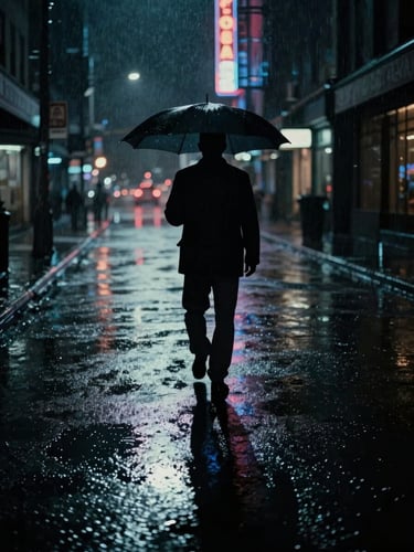 Moody cinematic poster of a neo-noir crime drama, rain-slicked city streets at night reflecting neon lights, silhouette under an umbrella, deep shadows, anamorphic lens, 35mm film grain.