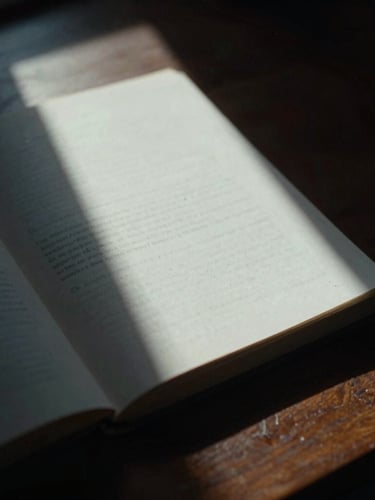 A close-up of a physical bound script resting on a dark walnut desk, a single shaft of light illuminating the title page, moody cinematic shadows, 35mm film grain