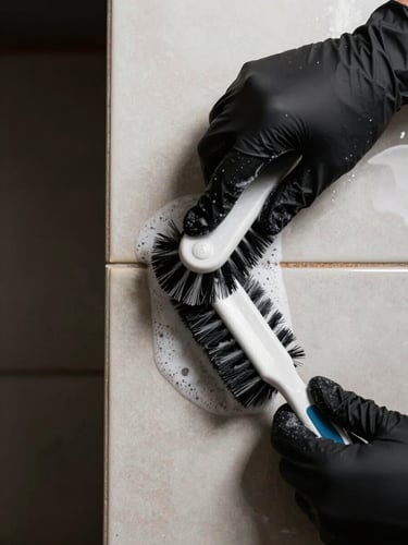Close-up overhead flatlay of hands in black gloves scrubbing ceramic tile grout with a stiff brush, soapy residue visible, high-contrast studio lighting, dark background to the left
