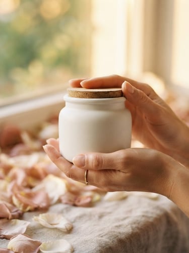 A close-up shot of hands holding a luxurious white ceramic jar of beauty cream, warm diffused golden-hour window light, soft rose petals in the background, 35mm photography