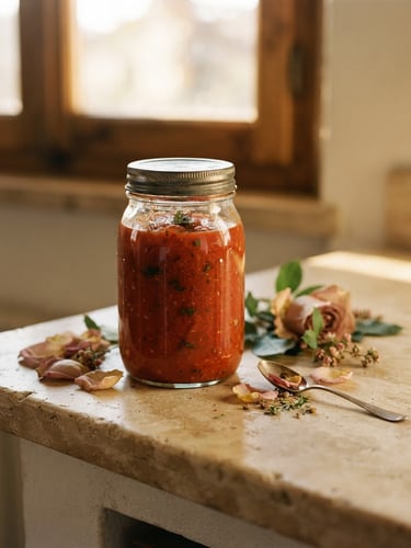 A heavy glass jar of Pomodoro cream resting on a warm ivory stone, soft golden-hour window light casting gentle shadows, botanical rose petals nearby, 35mm photography