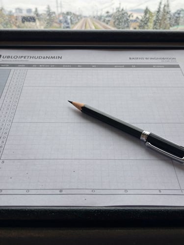 Straight-on close-up of a transit scheduler's desk, physical graph paper with colored pencil run cuts, a mechanical pencil, natural overcast morning light