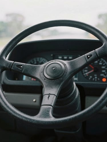 A close-up of a bus steering wheel and dashboard instruments under natural overcast morning light, 35mm documentary style.