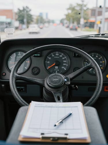 Straight-on eye-level view of a classic city transit bus dashboard, focusing on the analog dials, steering wheel, and scheduling clipboard resting on the console, natural overcast morning light.