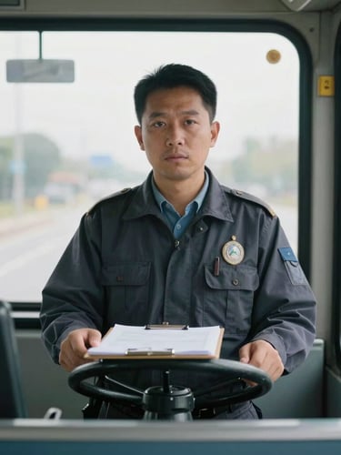Straight-on eye-level medium shot of a transit supervisor clipboard resting on a bus steering wheel, soft morning garage light, 35mm documentary style
