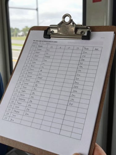 Close-up of a transit operator's metal clipboard holding a printed block schedule with hand-written notes, natural garage light
