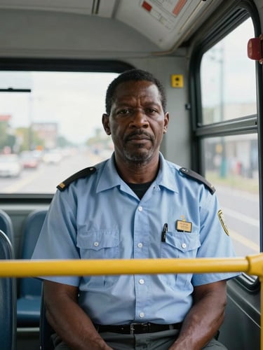 Straight-on eye-level 35mm documentary portrait of Umar Tennessee, an experienced Black transit operator in his late 40s wearing a clean transit uniform, sitting inside a stationary city bus, natural overcast daylight, realistic gritty color palette, sharp focus.