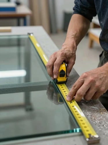 Close-up of a glazier's hands pressing a steel measuring tape along the edge of a large pane of glass resting on a workbench, overcast north-facing workshop light illuminating the ruler markings and glass edge in sharp detail, the background a soft blur of a real installation site
