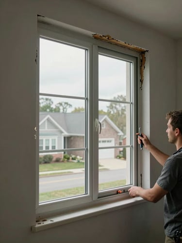 Wide environmental shot of a glazier installing a large double-hung window into a residential wall opening, soft overcast daylight entering through the rough opening, worker's hands visible gripping the frame as it is set into place, real suburban home interior in the background