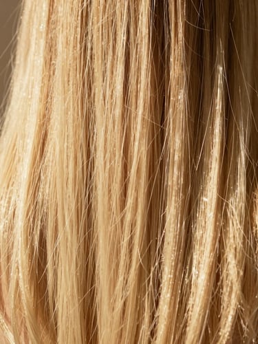 Bright editorial beauty photography, warm golden-hour sunlight, close up of long thick blonde hair extensions on a model, 35mm