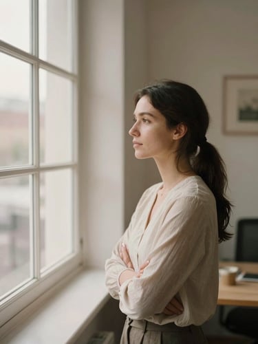 Thoughtful female founder looking out a window in a warm, minimalist office, soft natural light, muted earth tones.