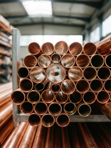A macro photograph of stacked high-purity copper pipes, bright natural warehouse light reflecting off metallic surfaces, 35mm