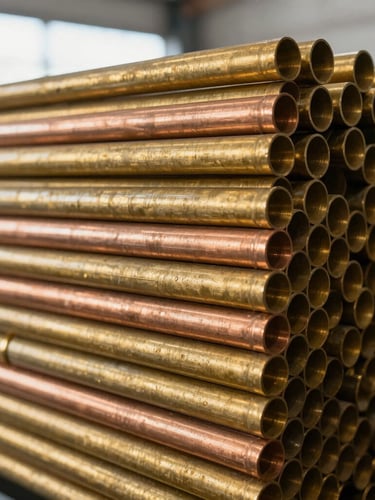 A vertical portrait of stacked, clean industrial brass rods and copper pipes reflecting bright natural warehouse light, sharp focus, 35mm