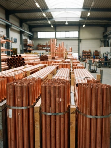 Crisp industrial photography of stacked copper pipes in a bright warehouse, natural light reflecting off metallic copper surfaces, sharp focus, 35mm