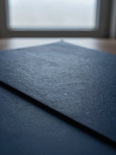 A close-up macro shot of redacted legal court documents under cool, soft overcast window light, highlighting sharp slate and navy tones, 35mm lens.
